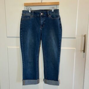 Talbots Straight Crop Jeans Womens 4 Medium Wash Raw Hem Cuffed Stretch Denim